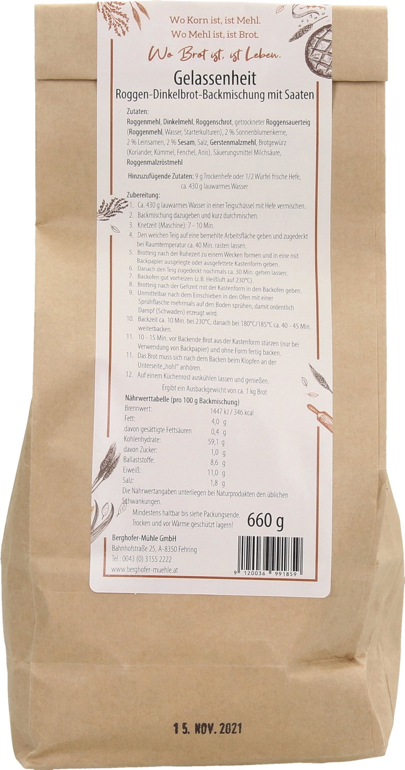 Gelassenheit Bakmix - Rogge-Speltbrood met Pitjes - 660 g