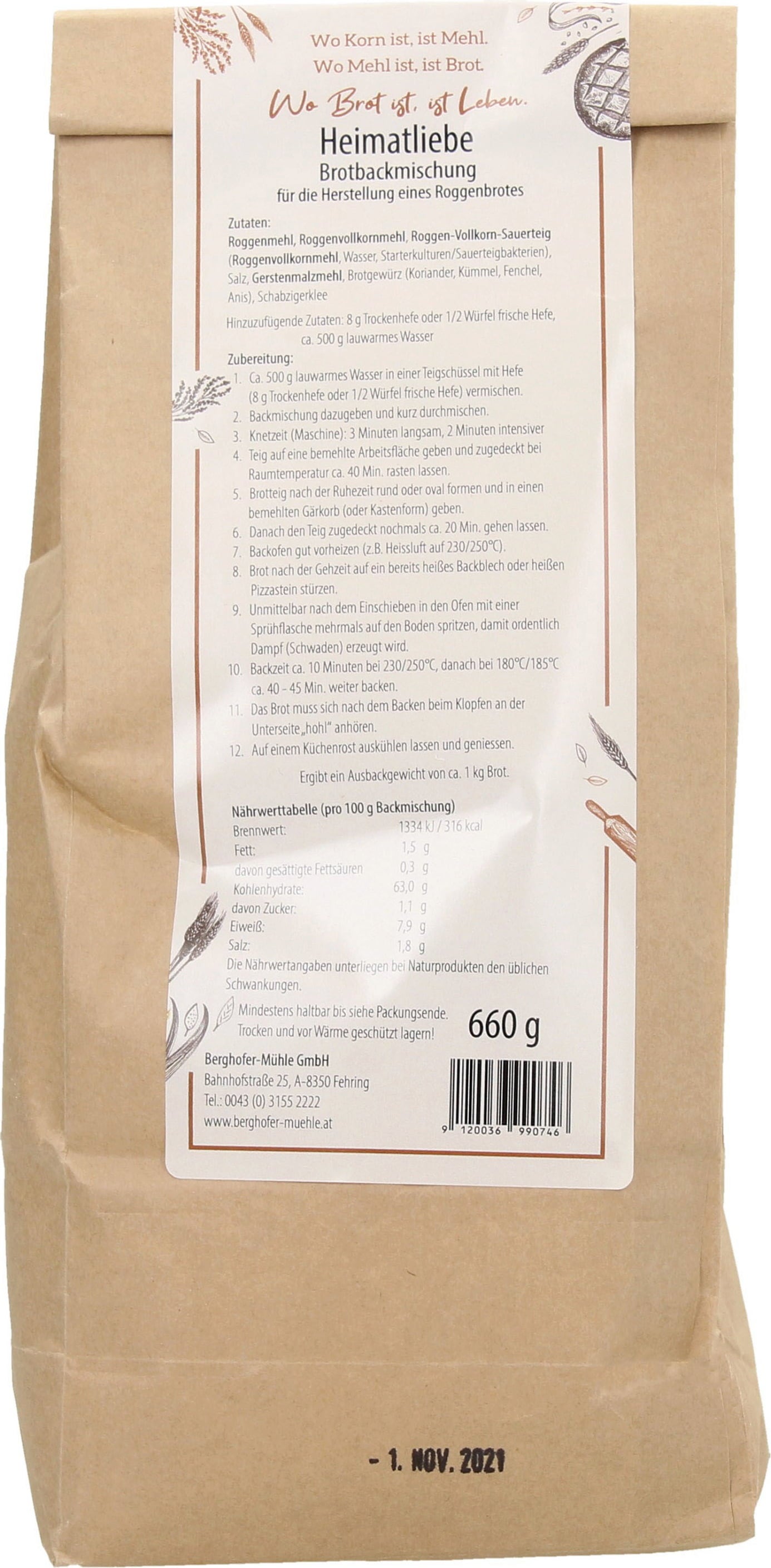 Berghofer Mühle Backmischung Heimatliebe - Roggenbrot - 660 g