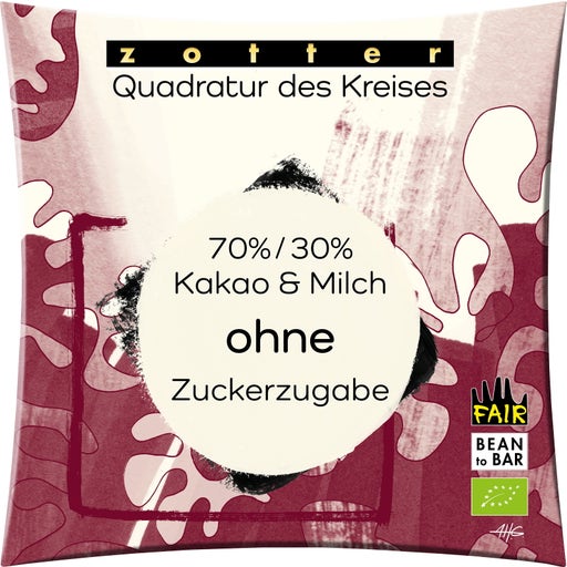 Bio Quadratur des Kreises 70%/30% Milchschoko ohne Zuckerzugabe - 70 g