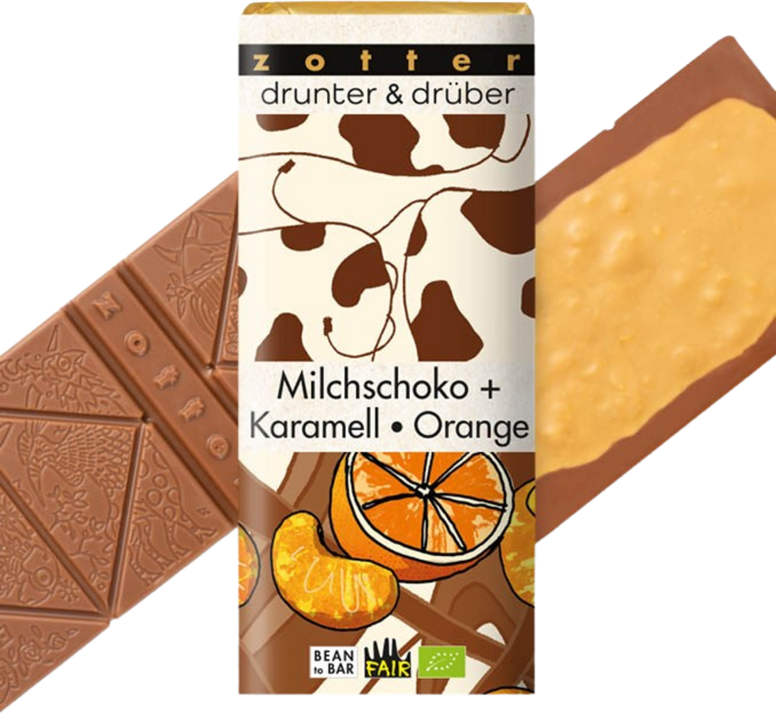 Biologisch drunter & drüber Milchschoko + Karamell/Orange - 70 g