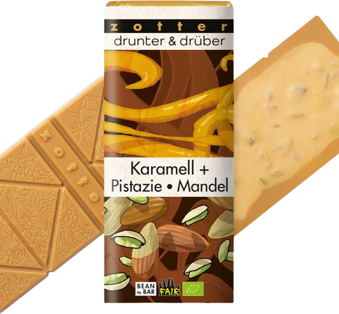 Bio drunter & drüber Karamell + Pisztácia/Mandula - 70 g